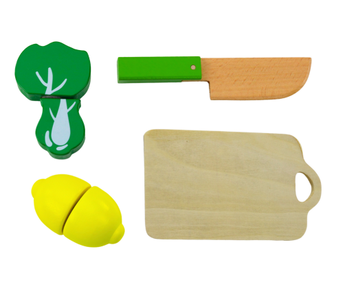 Set of Vegetables and Fruits for Cutting in a Bucket, Board, Wooden Knife