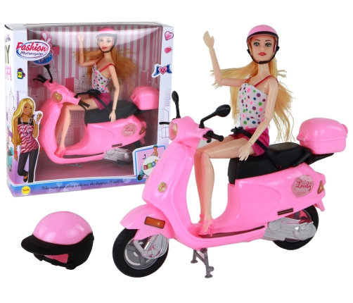 Set of a doll on a pink scooter with movable elements