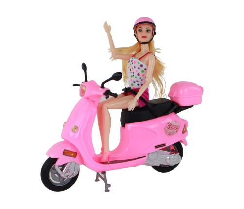 Set of a doll on a pink scooter with movable elements