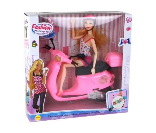 Set of a doll on a pink scooter with movable elements