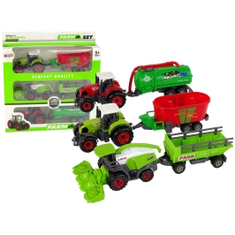 Farm Machinery Set Tractors and Combine with Trailers Green and red