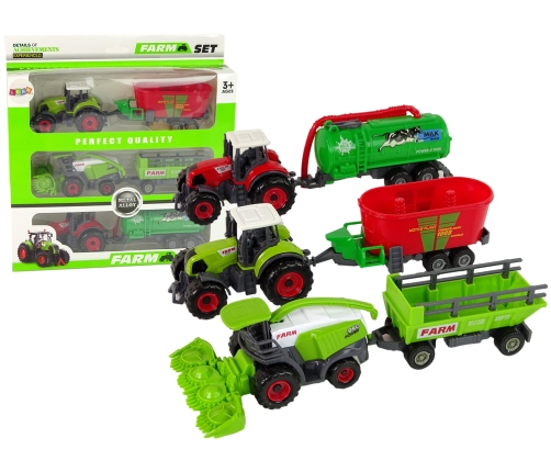 Farm Machinery Set Tractors and Combine with Trailers Green and red