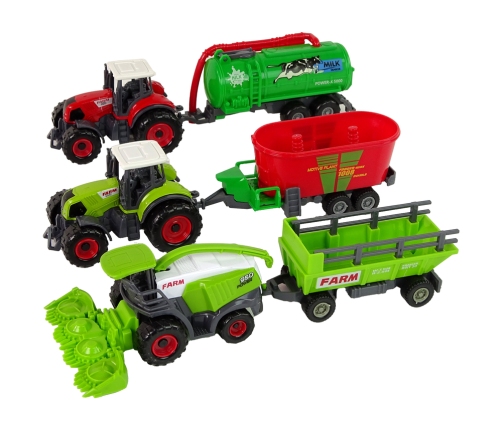 Farm Machinery Set Tractors and Combine with Trailers Green and red