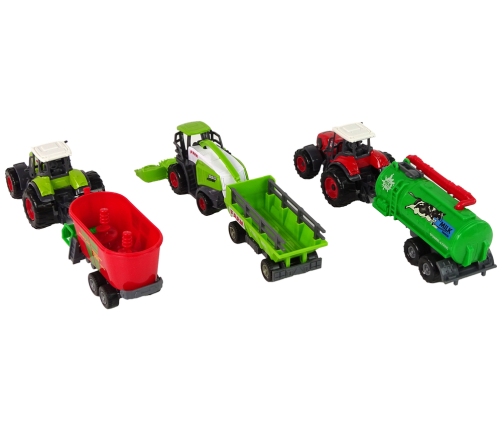 Farm Machinery Set Tractors and Combine with Trailers Green and red