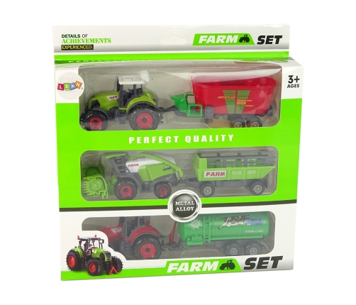 Farm Machinery Set Tractors and Combine with Trailers Green and red