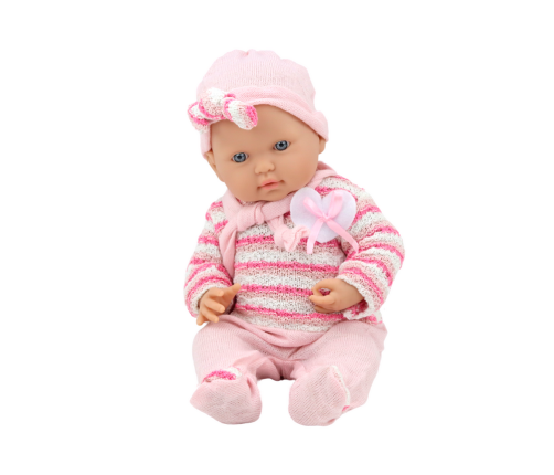 Baby doll, striped sweater, hat, scarf, pink