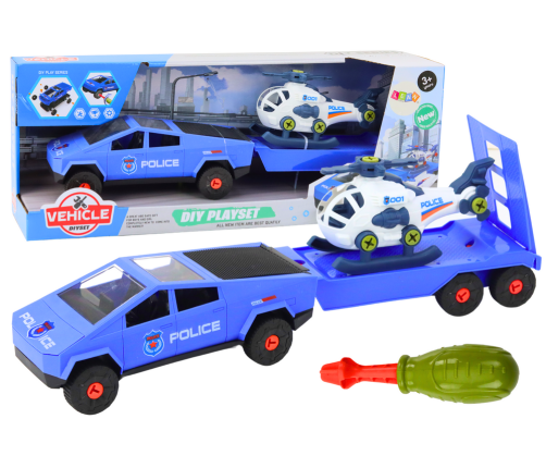 Modern Car Set with a Helicopter and a Tow Truck for Dismantling DIY Blue