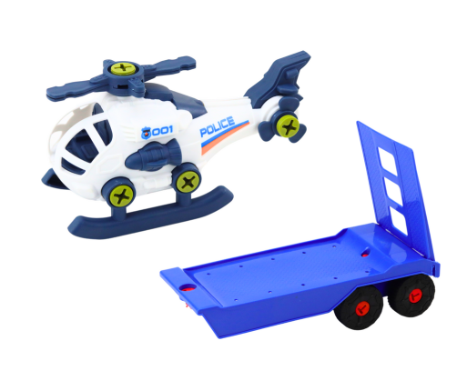 Modern Car Set with a Helicopter and a Tow Truck for Dismantling DIY Blue