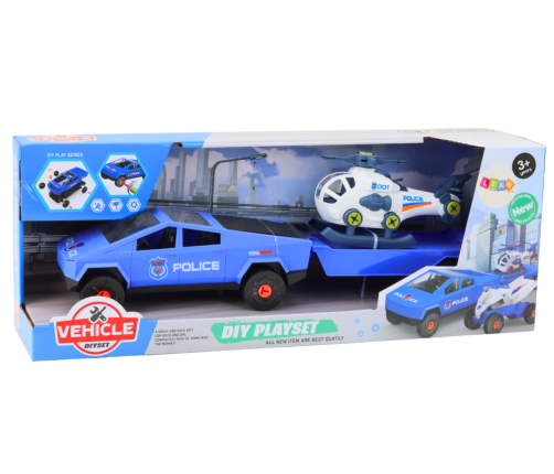 Modern Car Set with a Helicopter and a Tow Truck for Dismantling DIY Blue