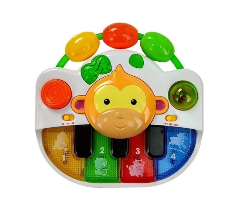 A piano with a monkey for a baby. Sound and light