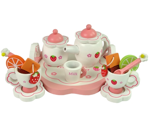 Wooden Tea Set Pink Flowers Pitcher Tray