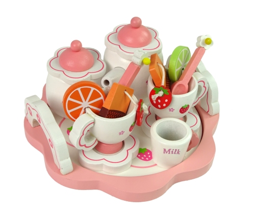 Wooden Tea Set Pink Flowers Pitcher Tray