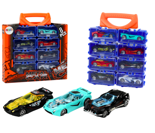 A set of cars with springs in a metal suitcase, 8 pieces