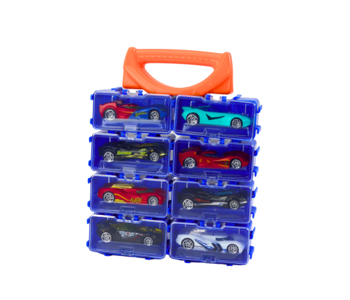 A set of cars with springs in a metal suitcase, 8 pieces