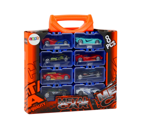 A set of cars with springs in a metal suitcase, 8 pieces