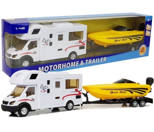 Wohnmobile with a Yellow Motorboat and 1:48 Friction Drive