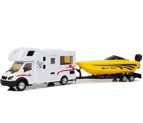 Wohnmobile with a Yellow Motorboat and 1:48 Friction Drive