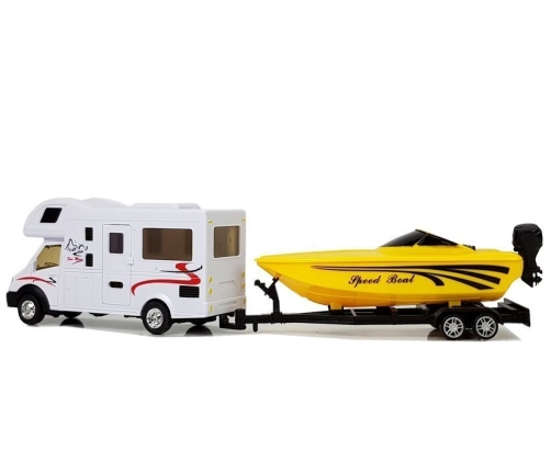 Wohnmobile with a Yellow Motorboat and 1:48 Friction Drive