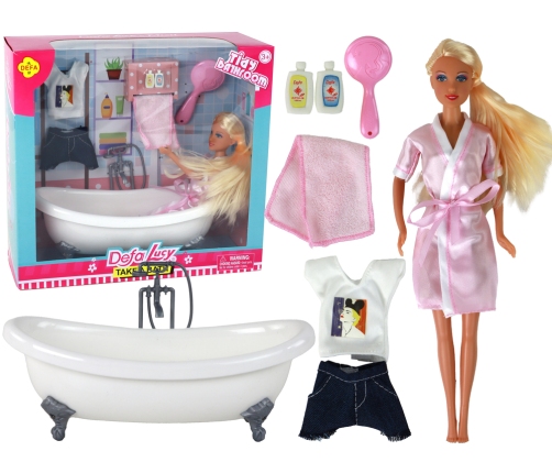 Children's Doll Long Blonde Hair Bathrobe Pink Bathtub Bathroom