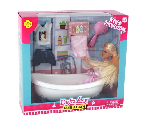 Children's Doll Long Blonde Hair Bathrobe Pink Bathtub Bathroom