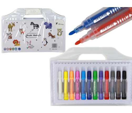 Set of Colored Acrylic Markers in a Suitcase, 12 Pieces