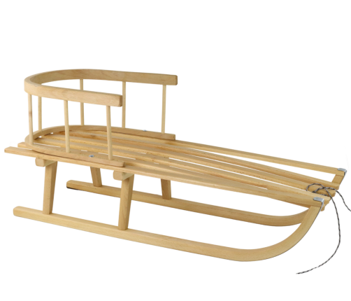 Wooden sled with a backrest and a string of sleds