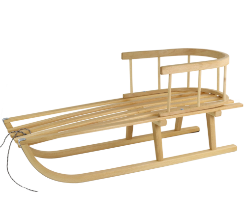 Wooden sled with a backrest and a string of sleds