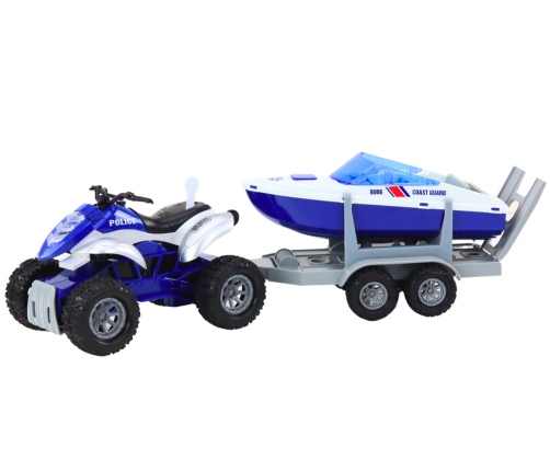 Police Quad with a trailer for transporting a boat and a motorboat