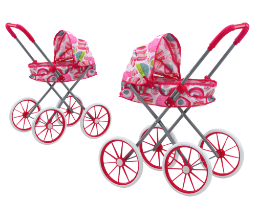 Doll Stroller Large Wheels Foldable Pink Patterns