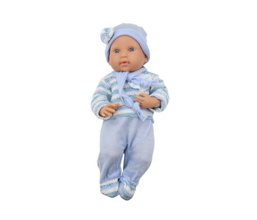 Baby doll, striped sweater, hat, blue scarf