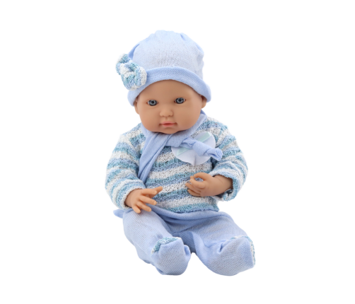 Baby doll, striped sweater, hat, blue scarf