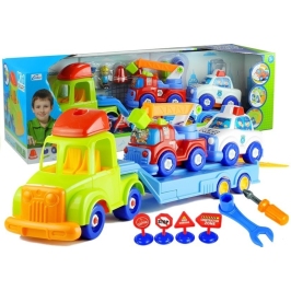 Set of vehicles Police Fire Engine Auto Transport Trailer Unscrewing