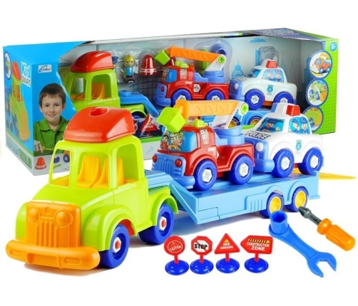 Set of vehicles Police Fire Engine Auto Transport Trailer Unscrewing