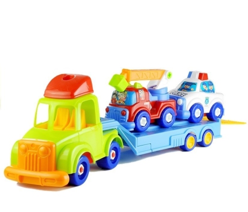 Set of vehicles Police Fire Engine Auto Transport Trailer Unscrewing