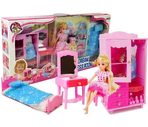 Doll + Furniture Set Bed Wardrobe Dressing table