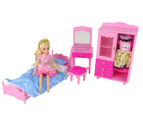 Doll + Furniture Set Bed Wardrobe Dressing table