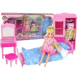 Doll + Furniture Set Bed Wardrobe Dressing table