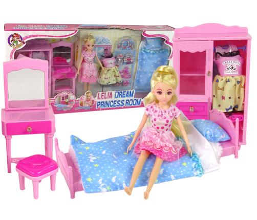 Doll + Furniture Set Bed Wardrobe Dressing table