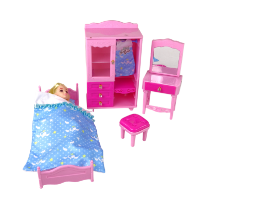 Doll + Furniture Set Bed Wardrobe Dressing table