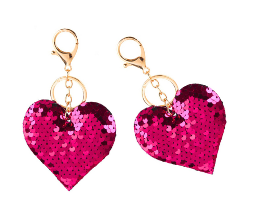 Heart Keychain Sequins Double-Sided Silver Dark Pink