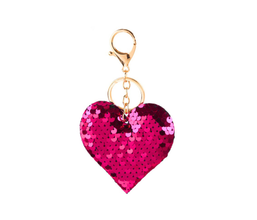 Heart Keychain Sequins Double-Sided Silver Dark Pink