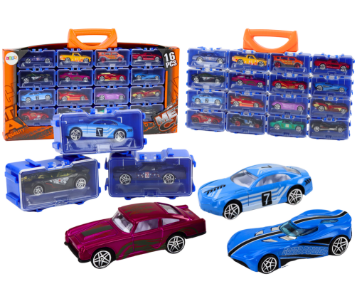 A set of cars with springs in a metal suitcase, 16 pieces