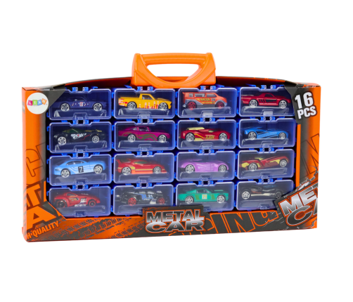 A set of cars with springs in a metal suitcase, 16 pieces