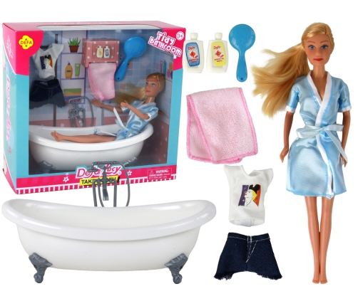 Children's Doll Long Blonde Hair Blue Bathrobe Bathtub Bathroom