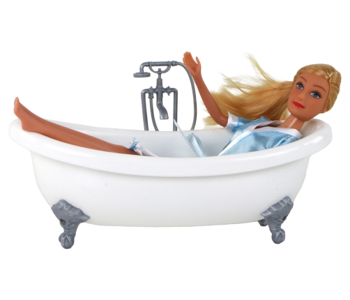 Children's Doll Long Blonde Hair Blue Bathrobe Bathtub Bathroom