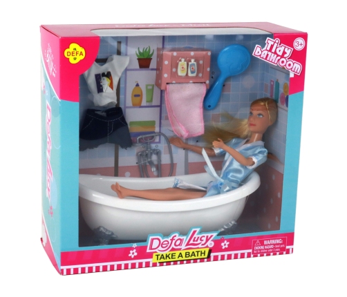 Children's Doll Long Blonde Hair Blue Bathrobe Bathtub Bathroom