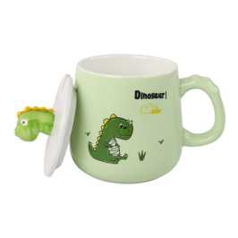 Dinosaur Green Ceramic Mug, Lid, Spoon, 350ml