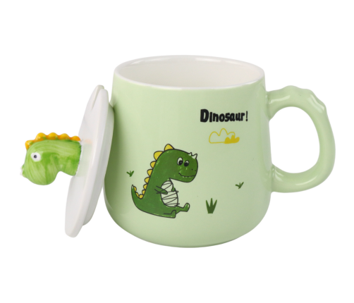 Dinosaur Green Ceramic Mug, Lid, Spoon, 350ml