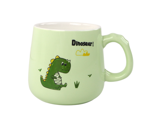 Dinosaur Green Ceramic Mug, Lid, Spoon, 350ml