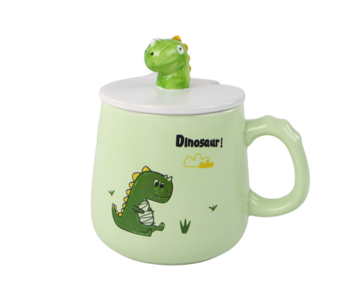 Dinosaur Green Ceramic Mug, Lid, Spoon, 350ml